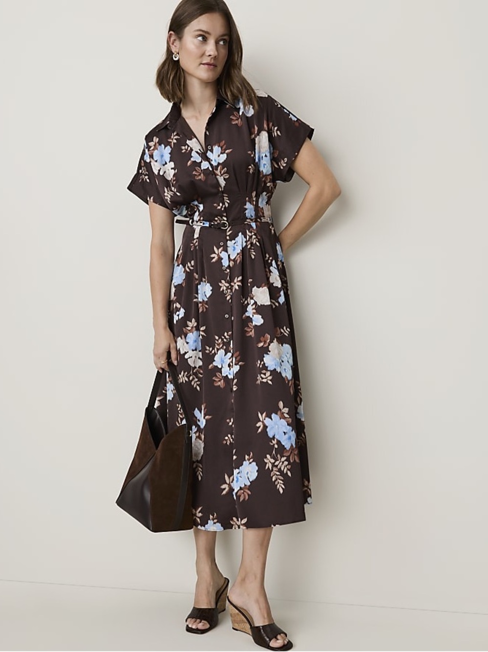 Floral Brown & Blue Belted Midi Dress